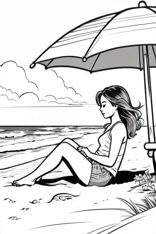 Prompt: a beautiful young girl lying on the beach under the umbrella, landscape of the beach, sun and clouds, colouring page, clean line art, clean black outline, one line, line art, line drawing style, strong black outline, white background, sketch style, easy to colour