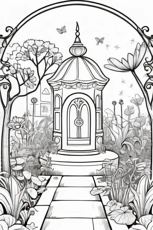 Prompt: magic garden, colouring page, line art, clean line art, clean outline, strong black outline, sketch style, line drawing style, white background