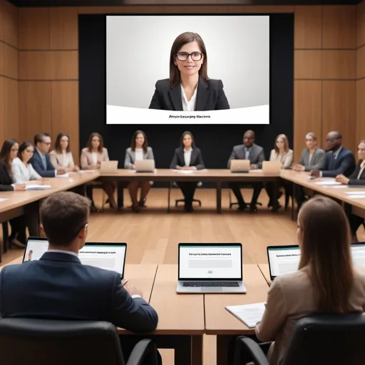 Prompt: (canvas visualization of a lawyer's lecture on Zoom), (screenshot of presentation), (woman presenting), (people gathered with backs facing the viewer), (soft focus on audience), (ambient lighting, warm tones), (simplistic layout), (HD, ultra-detailed), (inviting and professional atmosphere), (colorful presentation materials), (representation of online learning environment).