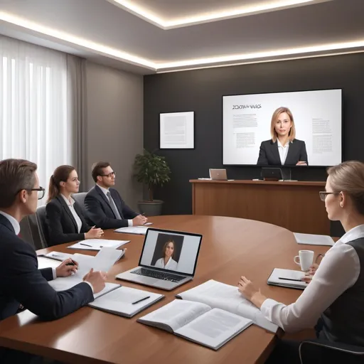 Prompt: (photorealistic) canvas illustration featuring a "Zoom" lecture scene, detailed visualization of a lawyer's presentation, foreground optimal focus on the speaker "Oksana Vasylivna", clear screenshot style, engaging descriptions of the recorded video, warm and inviting ambiance, sophisticated workspace with subtle elements of law, high-resolution 4K quality, educational and professional atmosphere.