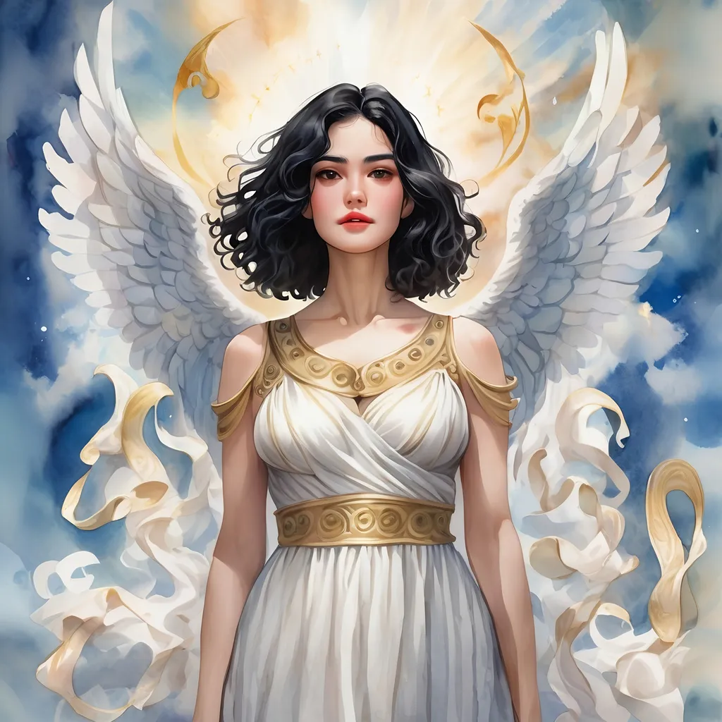 Prompt: digital watercolor painting, a woman with black wavy hair and an angelic expression on her face standing in front of a heavenly background with floating Greek style chorus masks 