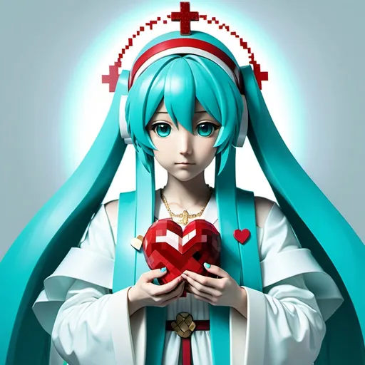 Prompt: Hatsune miku as Virgin Mary holding a pixelated heart