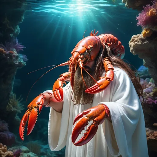 Prompt: Lobster with long brown hair, a Jesus style beard and white robe