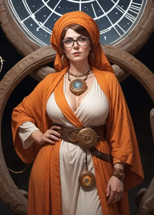 Prompt: A stocky milfy sorceress in ancient style orange and white robes. She has short wavy brown hair and round lensed glasses and turban and is standing in front of an ouroboros with ancient astronomical equipment 