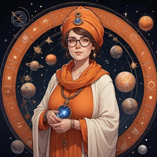 Prompt: A stocky milfy sorceress in orange and white robes that has stars and constellations on it. She has short wavy brown hair and round lensed glasses and turban and is standing in front of an ouroboros with ancient astronomical equipment 