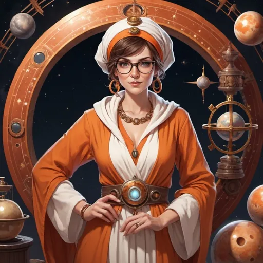 Prompt: A cute milfy sorceress with short wavy brown hair, orange and white robes, with an ancient style turban and circular framed glasses and standing in front of an ouroboros with a lot of astronomical equipment 