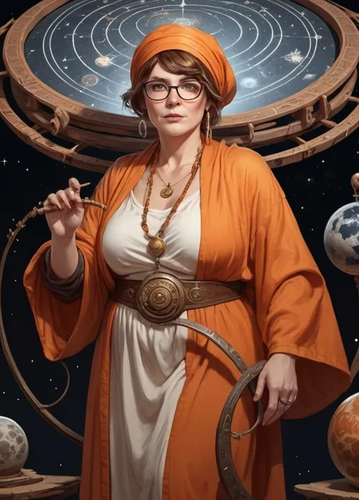 Prompt: A stocky milfy sorceress in ancient style orange and white robes. She has short wavy brown hair and round lensed glasses and turban and is standing in front of an ouroboros with ancient astronomical equipment 