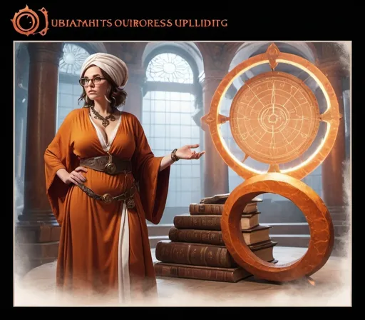 Prompt: A stocky milfy sorceress in ancient style orange and white robes. She has short wavy brown hair and round lensed glasses and turban and is standing in front of an ouroboros with ancient astronomical equipment 