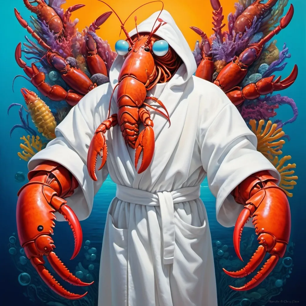 Prompt: Lobster man dressed in white robe