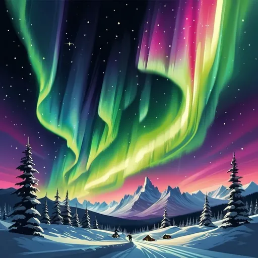 Prompt: Aurora borealis in the sky illustration
