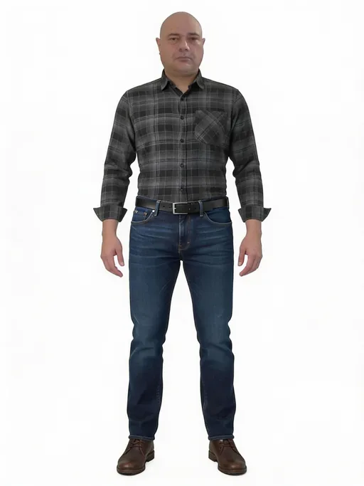 Prompt: The images Image1 represent the character. the character's clothing is Image2. 生成角色全身视图。保持自然站立姿势，双臂自然下垂，双脚与肩同宽。使用纯白色背景。确保从头到脚完整呈现，符合人体比例。