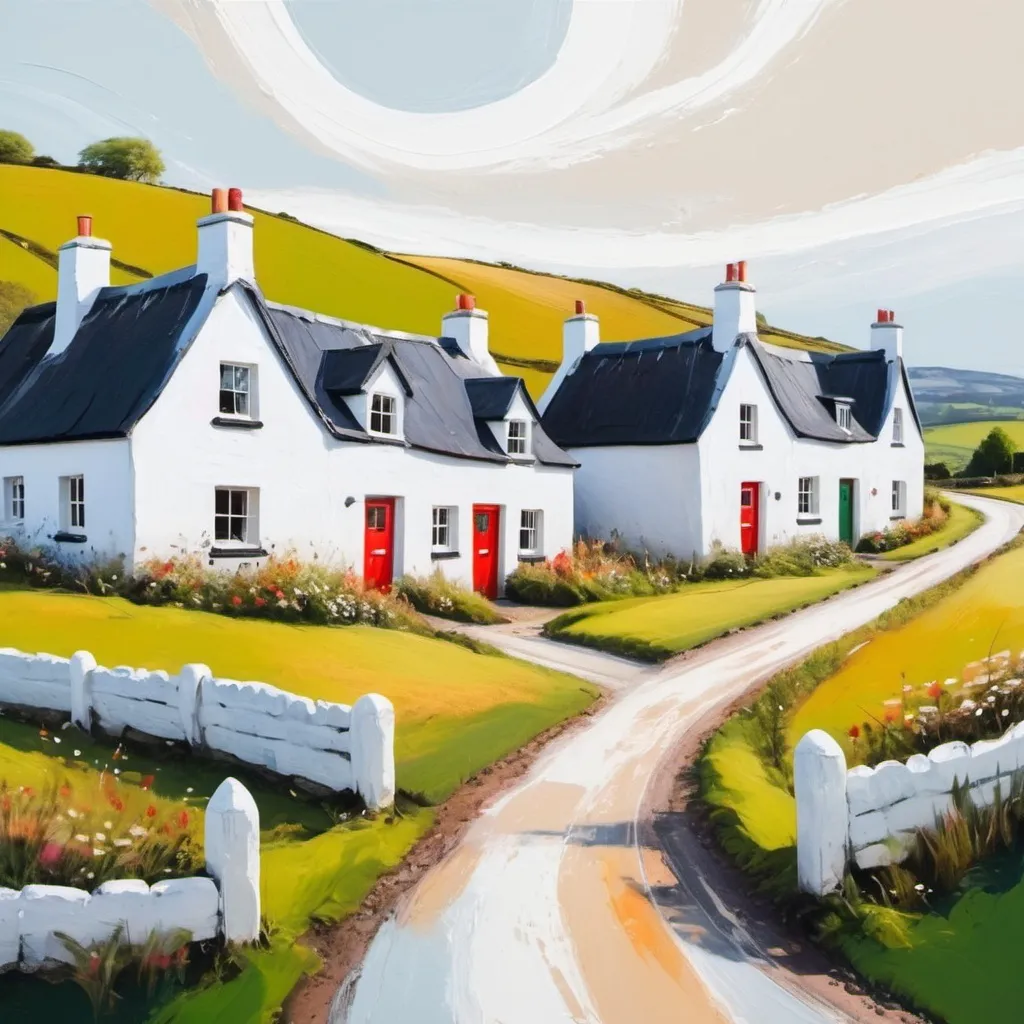 Prompt: old small cottages in scottish countryside scene. abstract style painting. white cottages and whimsical. close up.  