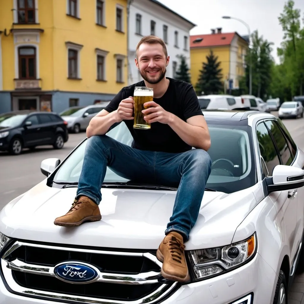 Prompt: Happy man who owned white Ford Edge in Kyiv Ukraine drink beer and sit on the car