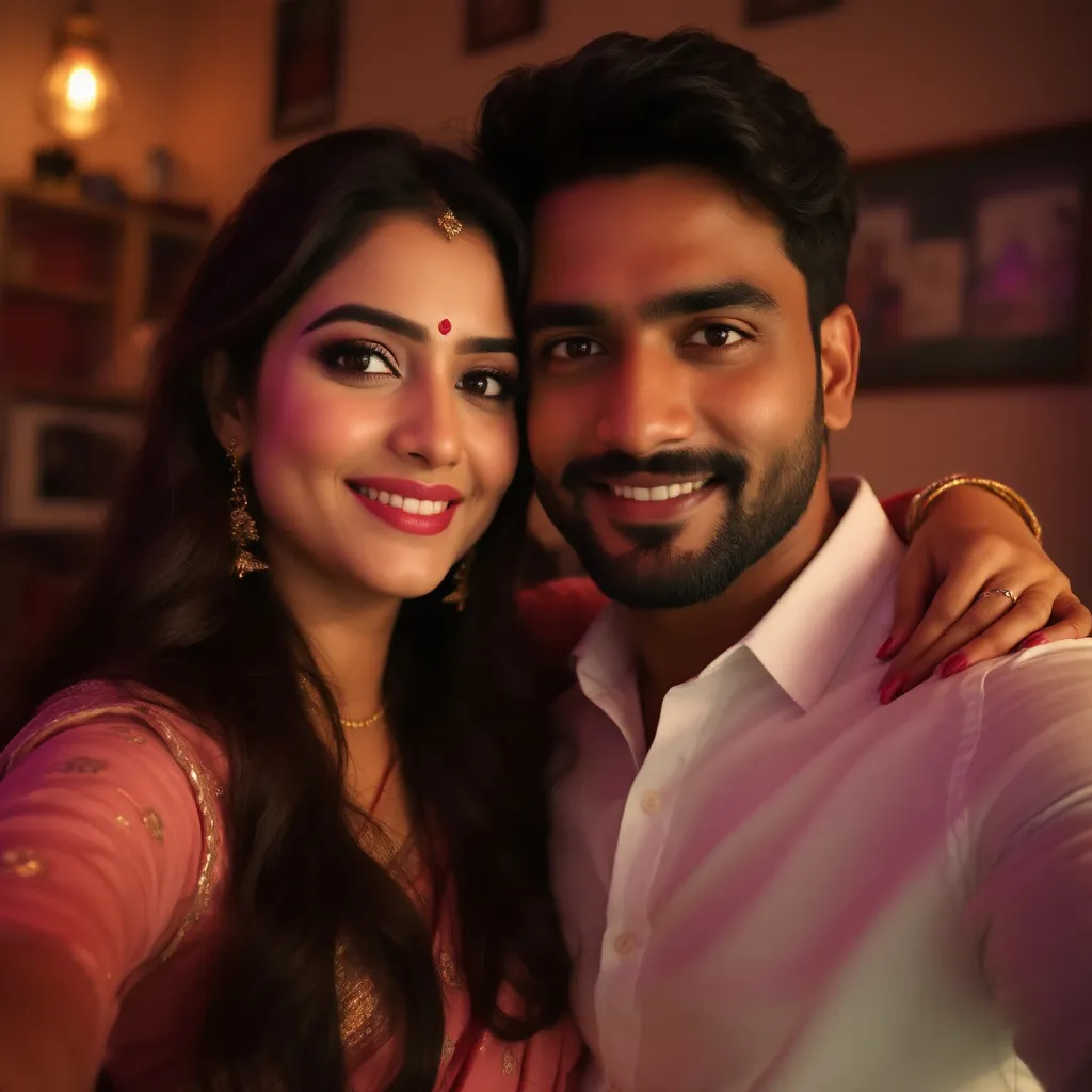 Prompt: In a warmly lit indoor setting, a couple poses closely for a selfie, radiating joy and affection. The woman, adorned in a delicate pink saree with intricate patterns, complements her traditional look with subtle jewelry, including earrings and a bindi on her forehead, while her long hair is partially covered with a matching dupatta. Beside her, the man is dressed in a crisp white shirt, showcasing a confident yet gentle demeanor with a soft smile. The woman's hand rests affectionately on his arm, suggesting a deep connection between them, while the background features hints of a home environment, adding a personal touch to their intimate moment. The overall atmosphere conveys warmth and love, reflecting the bond they share.