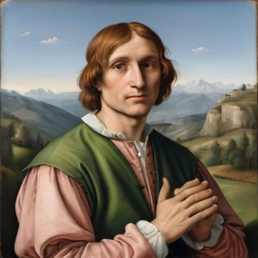 Prompt: An oil-painted on panel naturalistic and lifelike portrait of a man with his hands  included in the image shows a three-dimensional view of a body and his face turned toward the viewer, balanced in composition in the style of Italian Renaissance painter Raphael with mountains in the background.