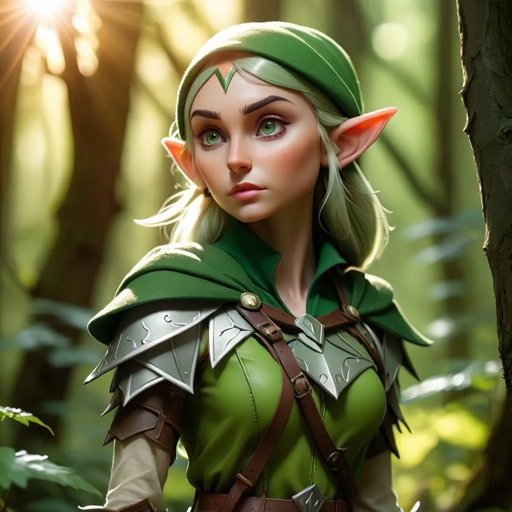 Prompt: Elf ranger in a mystical forest around sunlight