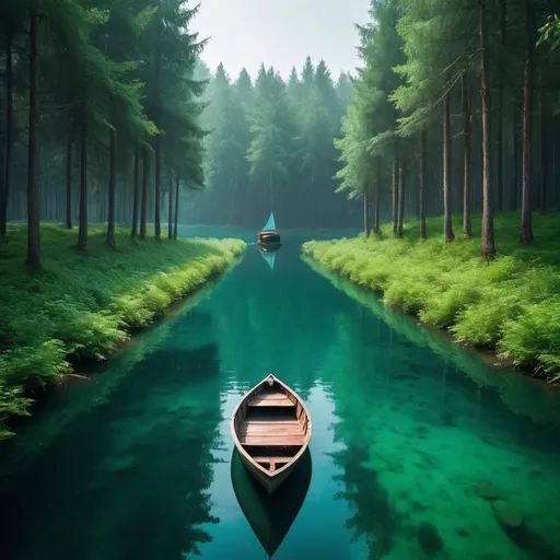 Prompt: need with back forest and with water frient with  boat in water  with HD 