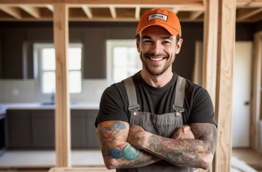 Prompt: Rugged, male carpenter, in a residential house construction site, working on installing kitchen cabinets. He is wearing a cap and is smiling at the camera in a friendly manner. He has a full sleeve of color tattoos on his right arm.