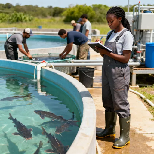 Prompt: A realistic photo of a young African woman wearing farm overalls and rubber boots, standing beside a catfish pond with other workers, taking notes during industrial training at a fish farm.”*