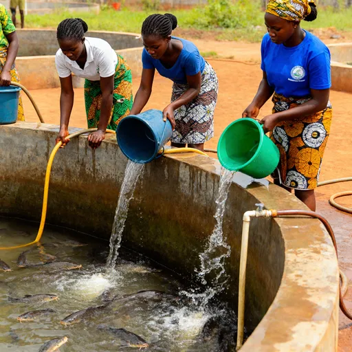 Prompt: Trainees cleaning and refilling a catfish pond using buckets and hoses, with fish visible near the surface in nigeria females