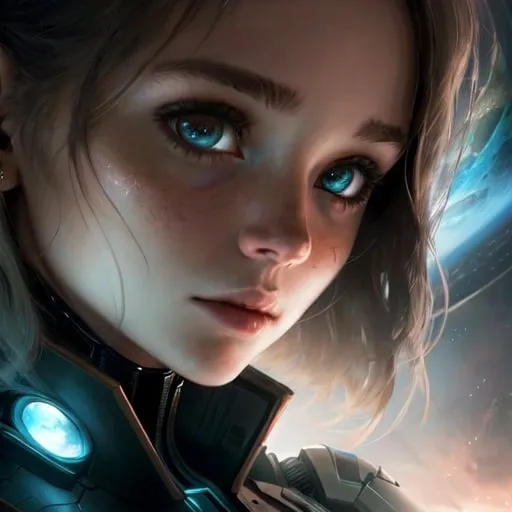 Prompt: A girl in a fantastic setting, sci-fi, dangerous planet. A close-up of her face.