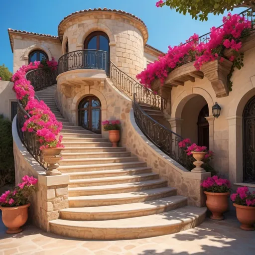 Prompt: Outdoor curved staircase in Mediterranean architectural style, warm sunlight, stone steps, intricate wrought iron railings, vibrant bougainvillea flowers, clear blue sky, high quality, detailed rendering, Mediterranean style, warm sunlight, stone steps, wrought iron railings, vibrant flowers, clear sky, sunny, detailed, traditional design, architectural beauty