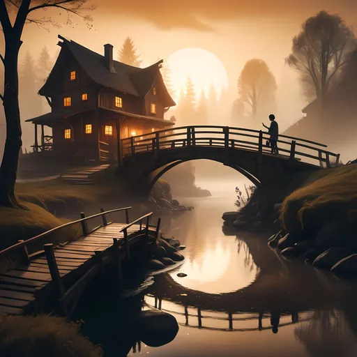 Prompt: small settlement, foggy, bridge and river, dramatic fantasy settlement scene, cinematic lighting

A beautiful home and a student is studing