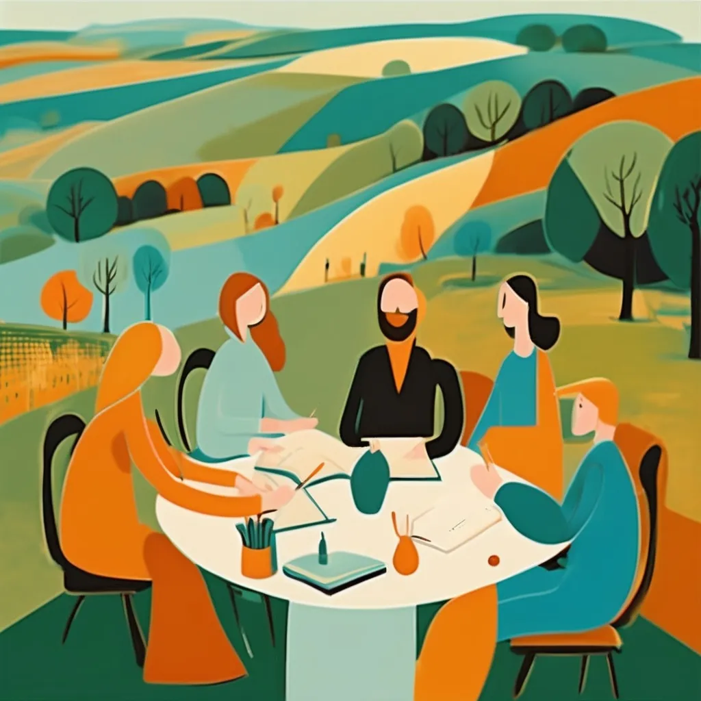 Prompt: Abstract art style. A group of stylized people sitting around a table that blends seamlessly into an agricultural landscape. The people are depicted with flowing, abstract shapes and warm colors such as orange, green, and pastel blue. They are writing in notebooks or talking to each other, exuding an atmosphere of serenity and joy. The table opens onto a pastoral scene with golden rolling hills, green fields, and a soft sky blending shades of blue and pink. Smooth, curving lines connect all elements in a harmonious and lively composition."