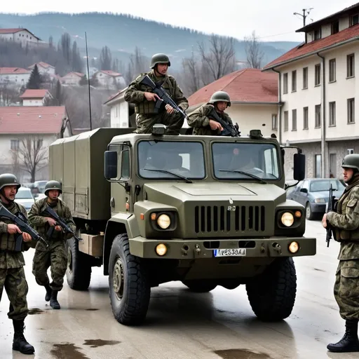 Prompt:  a highly detailed and dynamic image depicting a complex and intense scenario where Bosnian soldiers undertake a strategic operation to arrest Serbian soldiers and, simultaneously, seize control of their troop transport trucks. Visualize the Bosnian soldiers executing a precise and coordinated operation, displaying both tactical proficiency and determination as they detain the Serbian soldiers with minimal conflict. Emphasize the nuances of the arrest, capturing the facial expressions, body language, and professionalism of the Bosnian soldiers as they carry out their mission.

Highlight the theft of the troop transport trucks with a focus on realism, showcasing the soldiers efficiently and stealthily taking control of the vehicles. Pay careful attention to the details of the military equipment, uniforms, and the unique features of the troop transport trucks. Convey a sense of urgency and calculated execution, illustrating the Bosnian soldiers' strategic approach to this multifaceted operation.

Frame the scene against a backdrop that reflects the challenging geopolitical context of the conflict, conveying the complexities and tensions involved. Ensure that the image encapsulates the gravity of the situation, with an emphasis on the Bosnian soldiers' commitment to upholding order and justice while strategically gaining control over valuable military assets. The composition should immerse viewers in the intricacies of the operation, providing a compelling and realistic visual narrative of this high-stakes scenario.