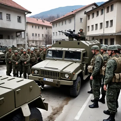 Prompt:  a highly detailed and dynamic image depicting a complex and intense scenario where Bosnian soldiers undertake a strategic operation to arrest Serbian soldiers and, simultaneously, seize control of their troop transport trucks. Visualize the Bosnian soldiers executing a precise and coordinated operation, displaying both tactical proficiency and determination as they detain the Serbian soldiers with minimal conflict. Emphasize the nuances of the arrest, capturing the facial expressions, body language, and professionalism of the Bosnian soldiers as they carry out their mission.

Highlight the theft of the troop transport trucks with a focus on realism, showcasing the soldiers efficiently and stealthily taking control of the vehicles. Pay careful attention to the details of the military equipment, uniforms, and the unique features of the troop transport trucks. Convey a sense of urgency and calculated execution, illustrating the Bosnian soldiers' strategic approach to this multifaceted operation.

Frame the scene against a backdrop that reflects the challenging geopolitical context of the conflict, conveying the complexities and tensions involved. Ensure that the image encapsulates the gravity of the situation, with an emphasis on the Bosnian soldiers' commitment to upholding order and justice while strategically gaining control over valuable military assets. The composition should immerse viewers in the intricacies of the operation, providing a compelling and realistic visual narrative of this high-stakes scenario.