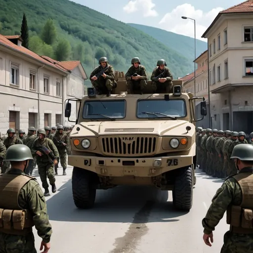 Prompt:  a highly detailed and dynamic image depicting a complex and intense scenario where Bosnian soldiers undertake a strategic operation to arrest Serbian soldiers and, simultaneously, seize control of their troop transport trucks. Visualize the Bosnian soldiers executing a precise and coordinated operation, displaying both tactical proficiency and determination as they detain the Serbian soldiers with minimal conflict. Emphasize the nuances of the arrest, capturing the facial expressions, body language, and professionalism of the Bosnian soldiers as they carry out their mission.

Highlight the theft of the troop transport trucks with a focus on realism, showcasing the soldiers efficiently and stealthily taking control of the vehicles. Pay careful attention to the details of the military equipment, uniforms, and the unique features of the troop transport trucks. Convey a sense of urgency and calculated execution, illustrating the Bosnian soldiers' strategic approach to this multifaceted operation.

Frame the scene against a backdrop that reflects the challenging geopolitical context of the conflict, conveying the complexities and tensions involved. Ensure that the image encapsulates the gravity of the situation, with an emphasis on the Bosnian soldiers' commitment to upholding order and justice while strategically gaining control over valuable military assets. The composition should immerse viewers in the intricacies of the operation, providing a compelling and realistic visual narrative of this high-stakes scenario.