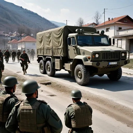 Prompt:  a highly detailed and dynamic image depicting a complex and intense scenario where Bosnian soldiers undertake a strategic operation to arrest Serbian soldiers and, simultaneously, seize control of their troop transport trucks. Visualize the Bosnian soldiers executing a precise and coordinated operation, displaying both tactical proficiency and determination as they detain the Serbian soldiers with minimal conflict. Emphasize the nuances of the arrest, capturing the facial expressions, body language, and professionalism of the Bosnian soldiers as they carry out their mission.

Highlight the theft of the troop transport trucks with a focus on realism, showcasing the soldiers efficiently and stealthily taking control of the vehicles. Pay careful attention to the details of the military equipment, uniforms, and the unique features of the troop transport trucks. Convey a sense of urgency and calculated execution, illustrating the Bosnian soldiers' strategic approach to this multifaceted operation.

Frame the scene against a backdrop that reflects the challenging geopolitical context of the conflict, conveying the complexities and tensions involved. Ensure that the image encapsulates the gravity of the situation, with an emphasis on the Bosnian soldiers' commitment to upholding order and justice while strategically gaining control over valuable military assets. The composition should immerse viewers in the intricacies of the operation, providing a compelling and realistic visual narrative of this high-stakes scenario.