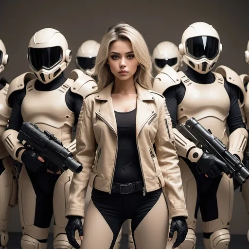 Prompt: a strong woman dressed in simple motocycle plain beige jacket in center. with team behind her of 4 men and 2 women with simple but strong cyber armor and vacuum guns. make it apealing and give it a ghost like eerie calm feel. the theme is beige but add color that compliment that.