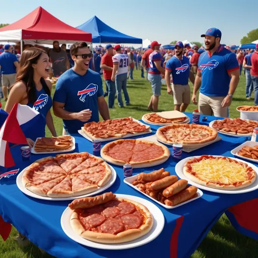 Prompt: (boldly festive tailgating scene), 50 chicken wings, 2 large cheese and pepperoni pizzas, 4 hoagies, excited fans wearing Buffalo Bills gear, vibrant picnic setup, cheerful atmosphere, bright sunny day, colorful banners and flags, delicious food spread, grass field backdrop, high energy, camaraderie among fans, (ultra-detailed) 4K resolution, warm lighting, (celebratory mood).