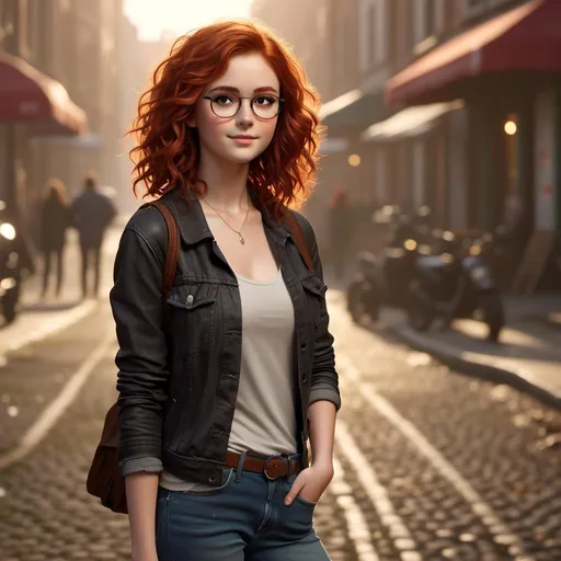 Prompt: <mymodel>(mostly centered on a character portrait) 20-year-old girl with striking red wavy hair, (wearing stylish glasses), expressive eyes, dynamic pose, fashionable outfit, attention to facial features, warm lighting, inviting atmosphere, subtle background with soft tones, ultra-detailed, high resolution, cinematic quality.