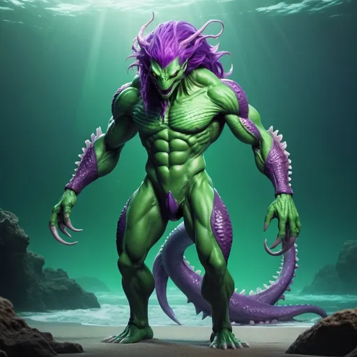 Prompt: green humanoid male sea monster with tail, purple hair, muscular body and long hands

