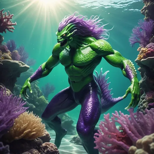 Prompt: green humanoid male sea monster with tail, purple hair, muscular body and long hands

