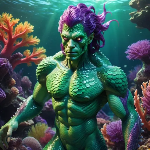 Prompt: green humanoid male sea monster with tail,green handsome face, purple hair, big eyes, muscular body and long hands

