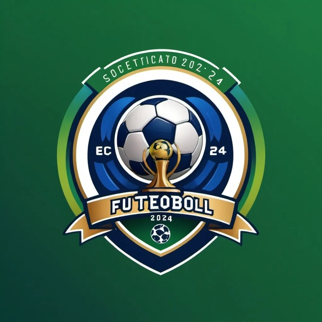 Prompt: "Logo para campeonato de futebol society 2024, com tema esportivo, cores verde e azul, incluindo uma bola de futebol e um troféu no centro."
