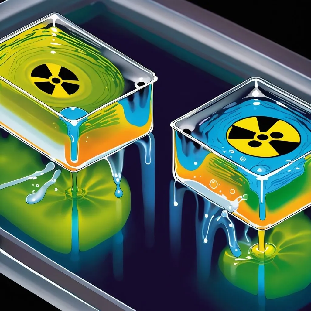 Prompt: illustration of two radioactive liquids flowing next to each other in a microfluidic channel coated with nanolayer 