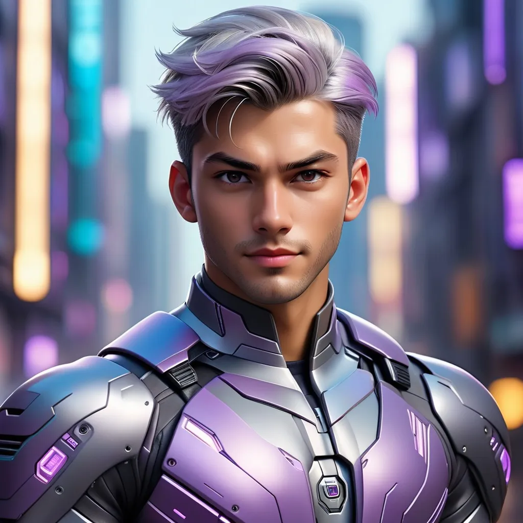 Prompt: Abstract paint, portrait of a handsome young man and body muscular with soft smile and silver wolfcut hair wearing a fit mecha break suit-inspired battle suit with light purple core and cyberpunk city background. Behance HD, hyper realistic