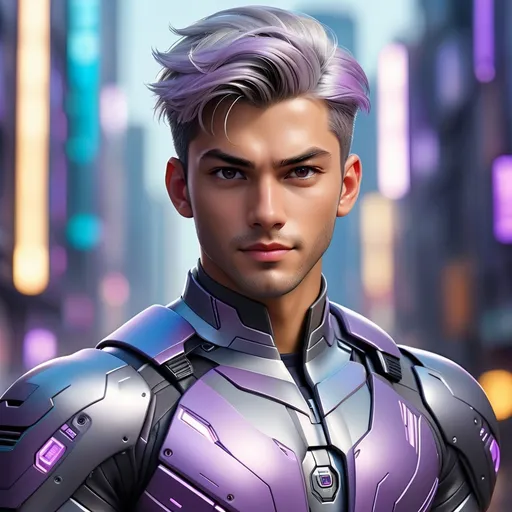 Prompt: Abstract paint, portrait of a handsome young man and body muscular with soft smile and silver wolfcut hair wearing a fit mecha break suit-inspired battle suit with light purple core and cyberpunk city background. Behance HD, hyper realistic