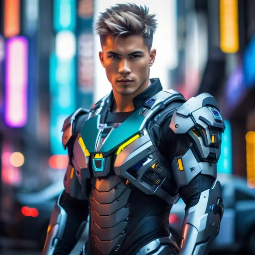 Prompt: Handsome young man, soft smile, wolfcut hair, sensual mecha suit-inspired battle suit, beefy thick muscular body, battle stance, vibrant colors, hyperrealistic, fantasy cyberpunk background