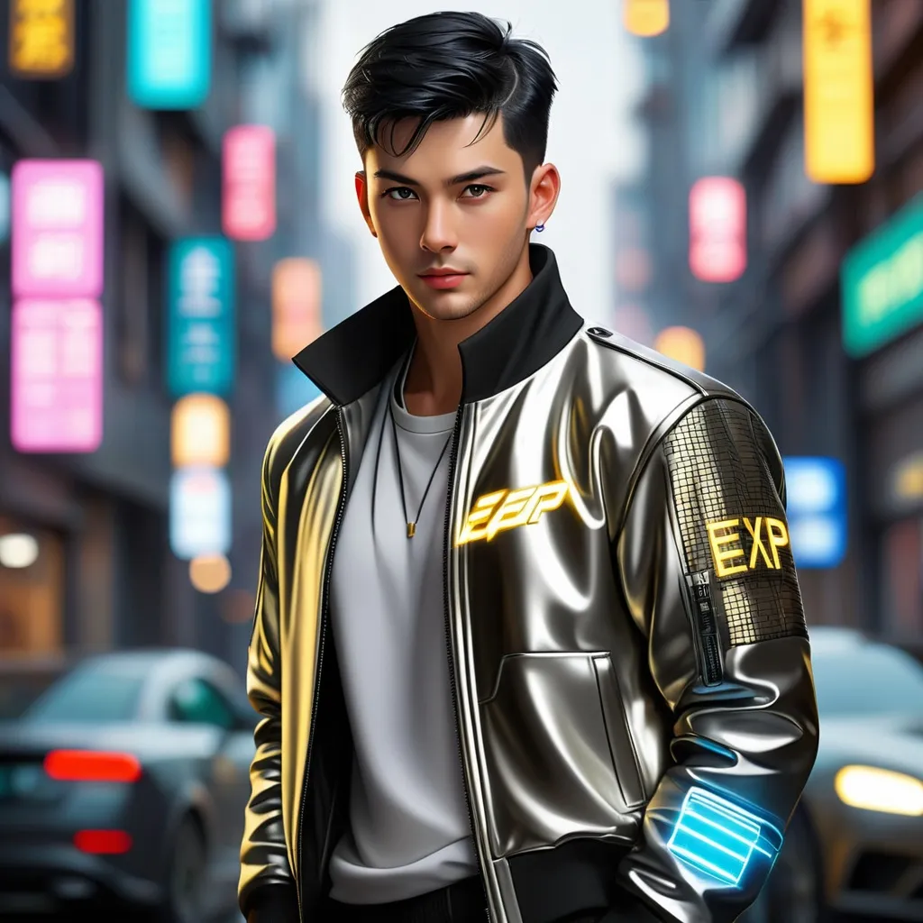 Prompt: portrait of a handsome young man with soft smile and black short hair wearing a fit silver gold jacket with techno electric grid texted “EXP” arround jacket and cyberpunk city background. Combine with tiger vibes. Behance HD, hyper realistic