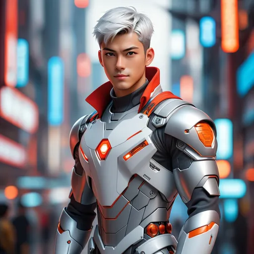 Prompt: portrait of a handsome young man body muscular with soft smile and silver short hair wearing a fit red orange mecha suit-inspired battle suit and a white cloak wrapped around his neck, cyberpunk city background. Behance HD, hyper realistic