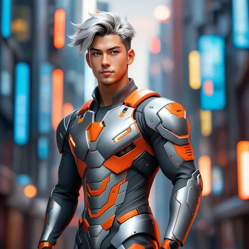 Prompt: Abstract paint, portrait of a handsome young man and body muscular with soft smile and silver wolfcut hair wearing a orange fit mecha suit-inspired battle suit with light red core and cyberpunk city background. Behance HD, hyper realistic
