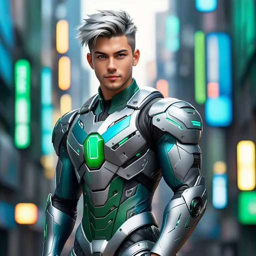 Prompt: Abstract paint, portrait of a handsome young man and body muscular with soft smile and silver wolfcut hair wearing a fit mecha suit-inspired battle suit with green blue core and cyberpunk city background. Behance HD, hyper realistic