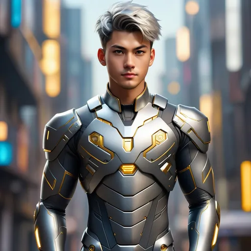 Prompt: Abstract paint, portrait of a handsome young man and body muscular with soft smile and silver wolfcut short hair wearing a fit mecha break suit-inspired battle suit with golden core and cyberpunk city background. Behance HD, hyper realistic