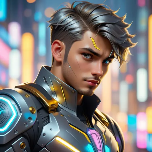 Prompt: Abstract paint, neon LED Light,  portrait of a handsome young man and body muscular with soft smile and silver wolfcut short hair wearing a fit mecha break suit-inspired battle suit with golden core and cyberpunk city background. Behance HD, hyper realistic