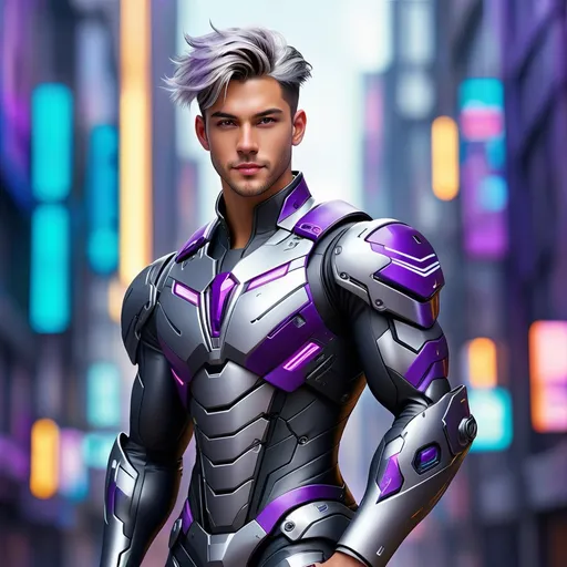 Prompt: Abstract paint, portrait of a handsome young man and body muscular with soft smile and silver wolfcut hair wearing a fit abstract paint mecha suit-inspired battle suit with purple core and cyberpunk city background. Behance HD, hyper realistic